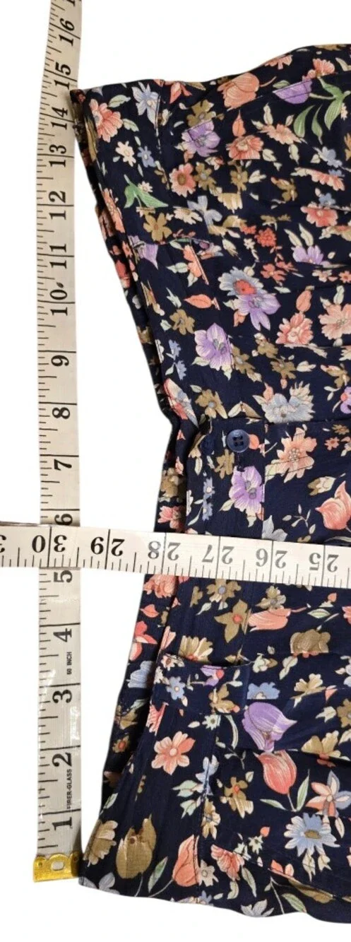 Vintage Lucky Italy Vintage Floral Button Front Pleated Silk Midi Skirt Navy L
